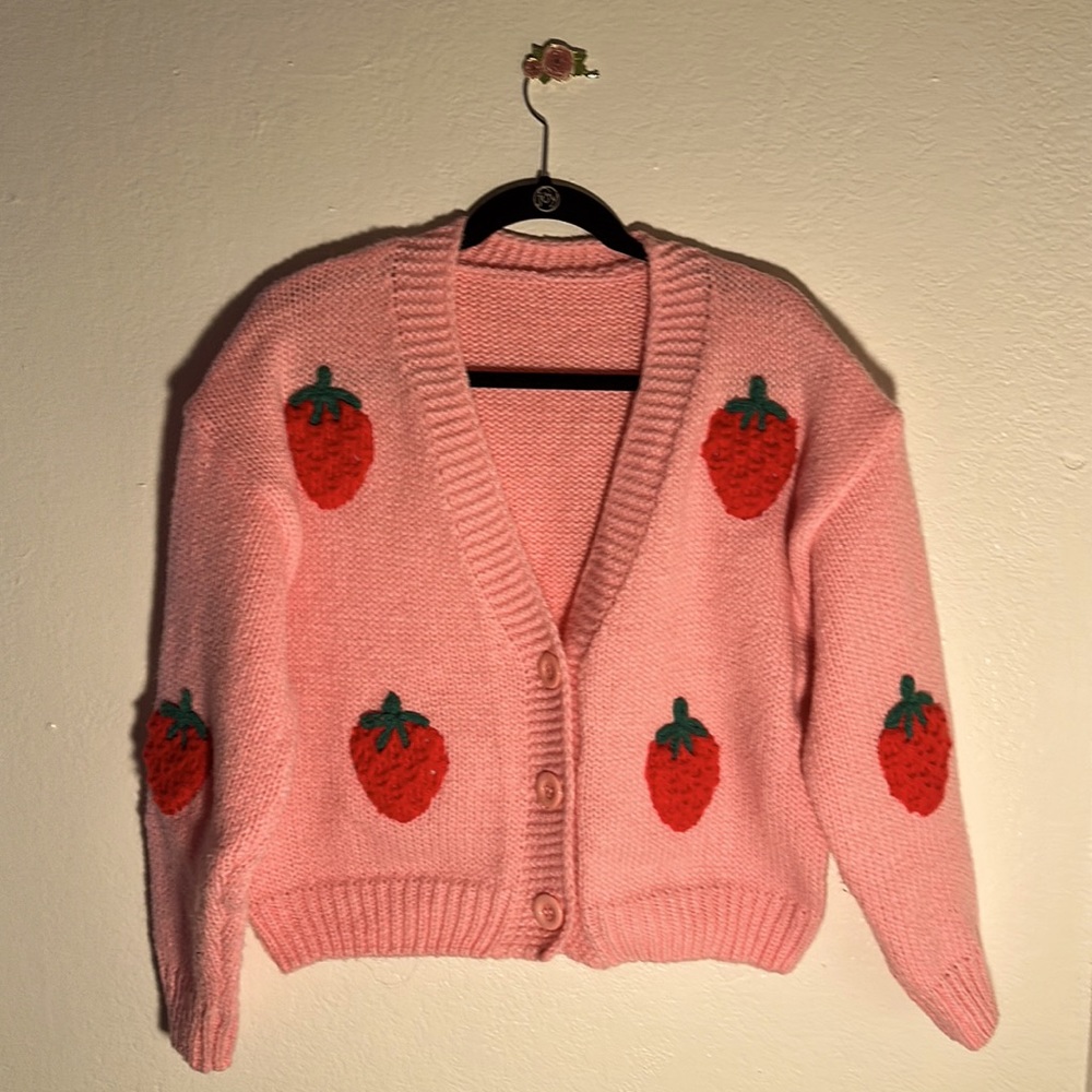 Strawberry Print Button Down Long Sleeve V Neck Crop Cardigan Sweater